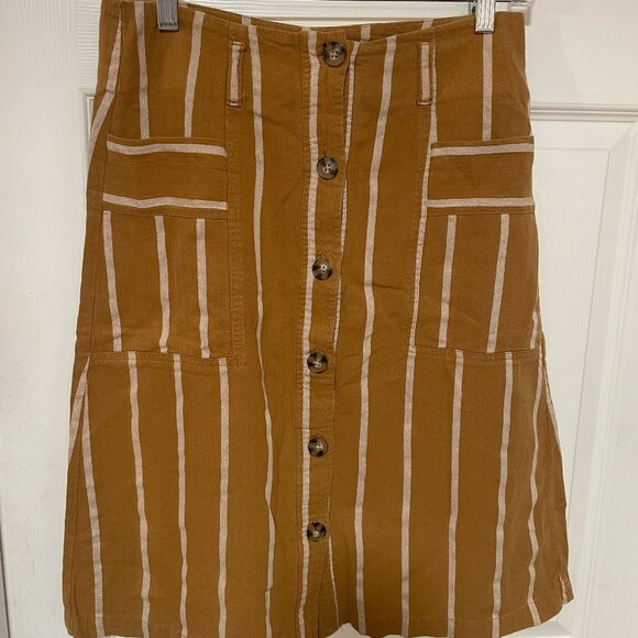 Indigo Rising Brown/Tan Striped Cotton/Linen Button Skirt with Pockets - M - Picture 1 of 4